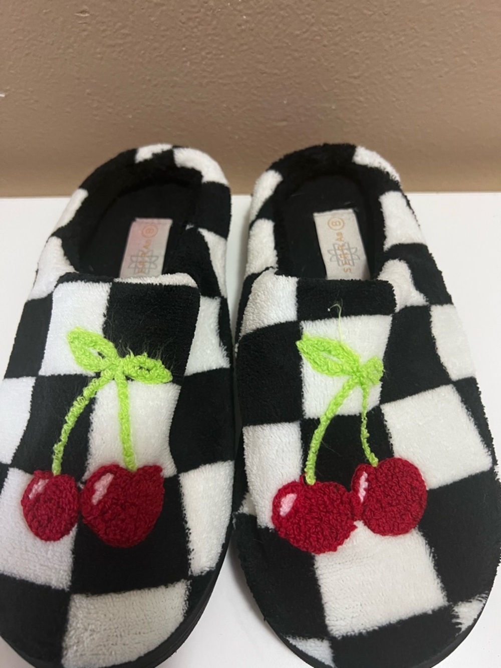 Checkered Cherry Slip-On Slippers - Black & White with Red Cherry Size 8